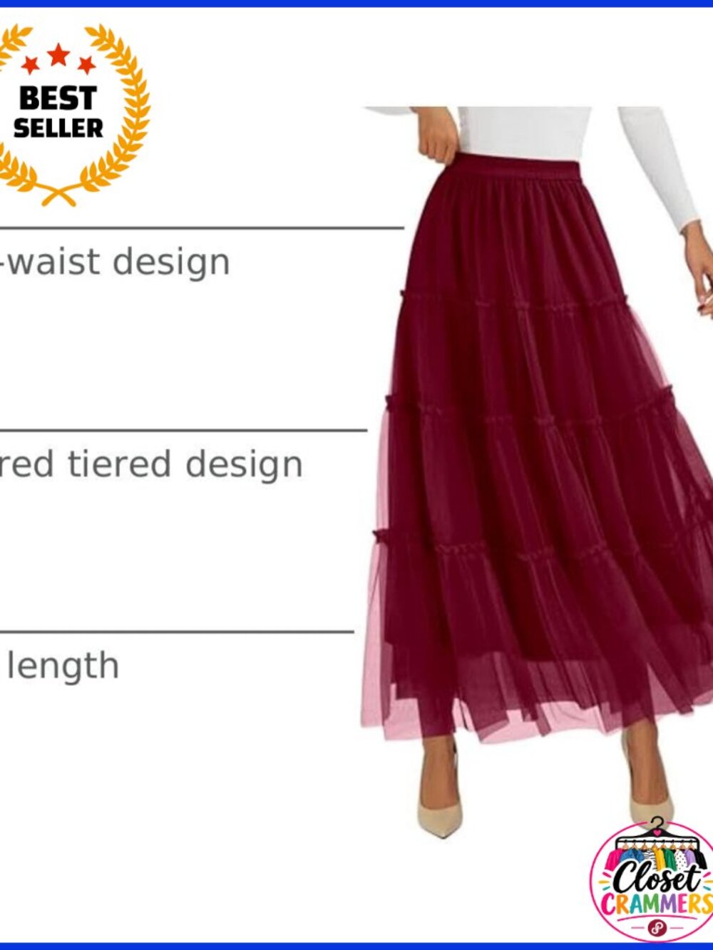 PRETTYGARDEN Women's Tulle Tiered Long A-Line Maxi Skirt High Waist - Picture 3 of 6